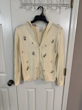 Cherokee Vintage 1990s Embroidered Zip Hooded Sweater L Cream Flowers